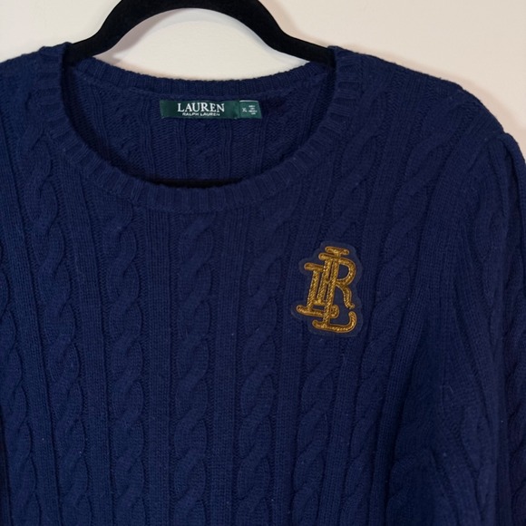 Lauren Ralph Lauren Womens XL Navy Cable Knit Embellished Puff Sleeve Sweater - Picture 2 of 8